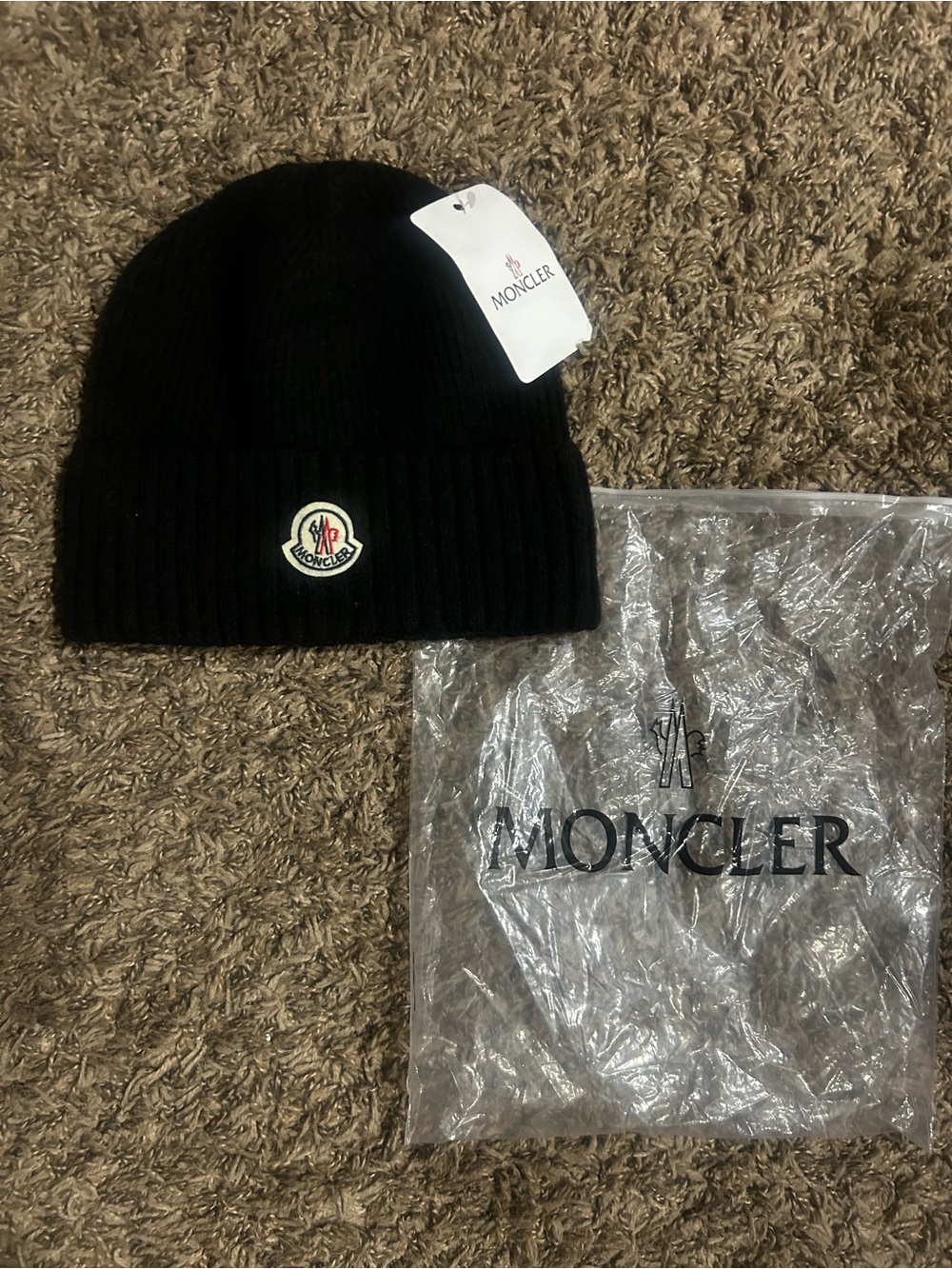 Moncler Black Ribbed Cuffed Beanie with Logo Patch